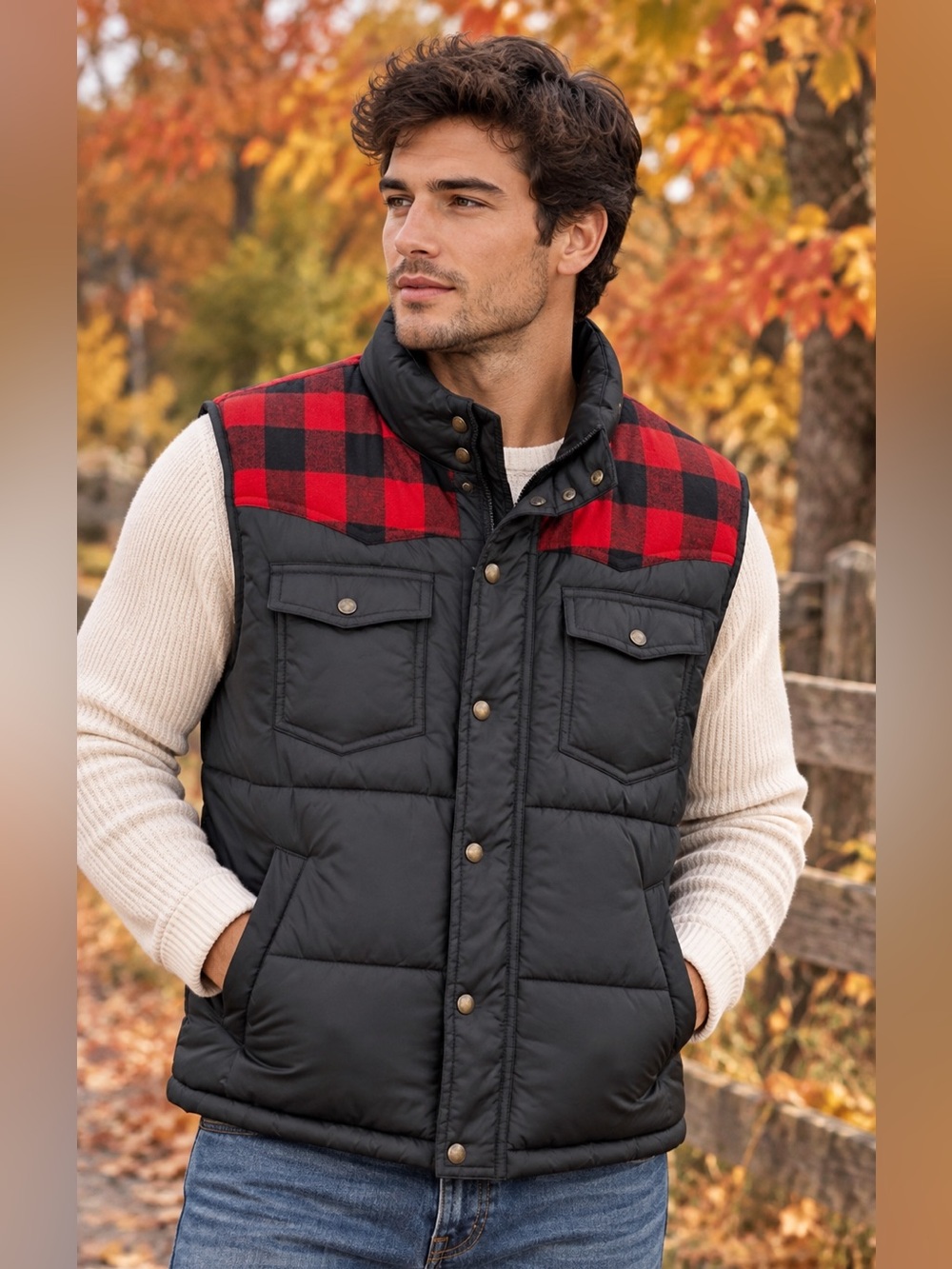 Vintage Y2K American Living Black Quilted Puffer Vest with Red Plaid Yoke L